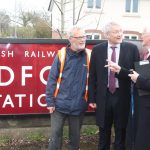 Andrew Jones MP - Parliamentary Under Secretary of State at the Department for Transport responsible for the railways - at Handforth Station with FoHS Chair (left) and FoHS President (right)